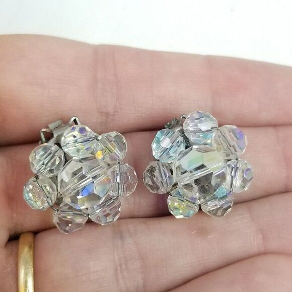 Vintage AB Glass Beaded Cluster Clip On Earrings, 50s 60s Style, Rainbow Finish - Picture 1 of 5
